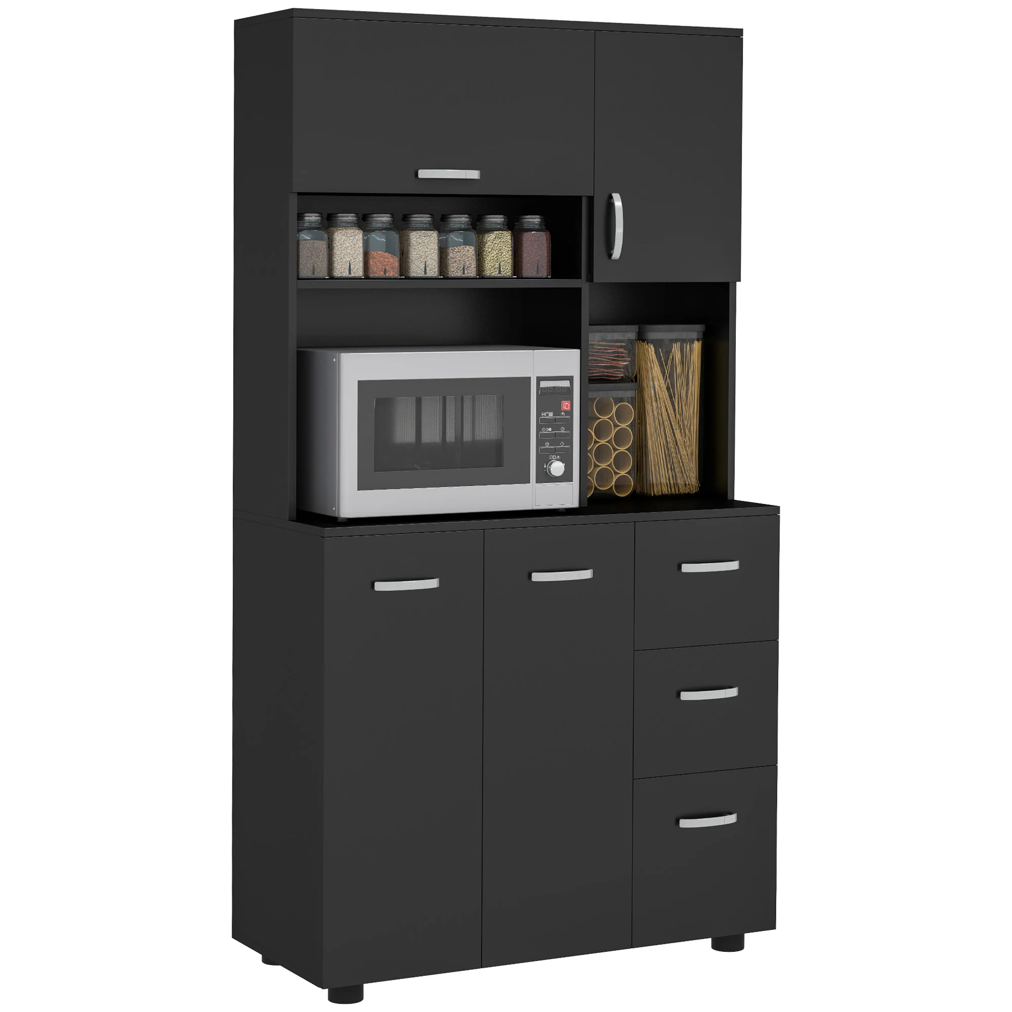 Armário de Cozinha Multifuncional com 4 Portas, 3 Gavetas, Prateleira e Tampo Amplo, 89 Cm X 39,5 (l) X 168 (a), Preto (c)
