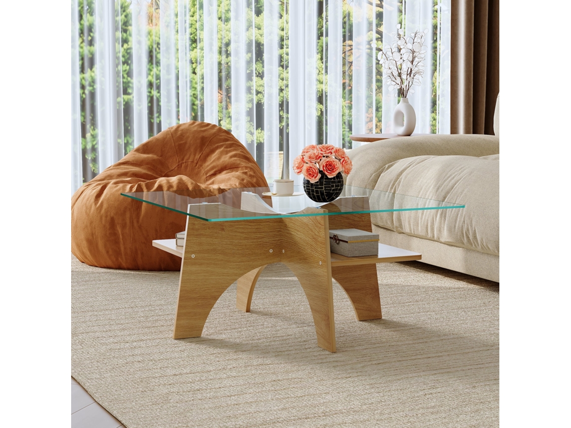 Mesa Lateral/centro Quadrada Vidro Mdf Madeira Clara 80cm