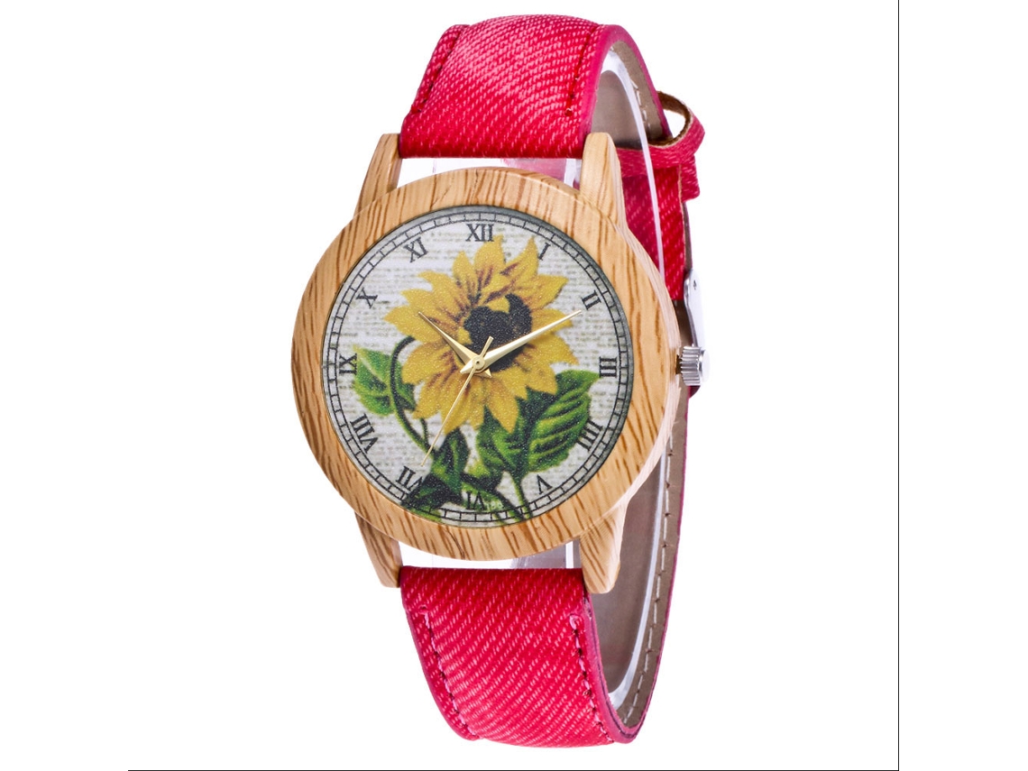 Relógio de Pulso Unissex com Pulseira de Jeans e Design de Girassol Vermelho