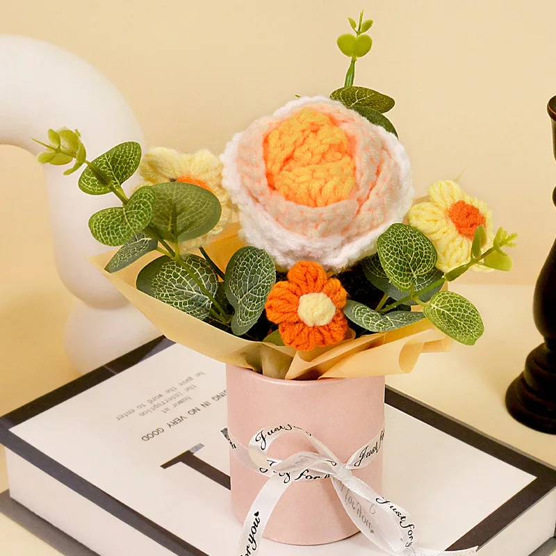 Mini Buquê De Crochê, Buquê De Rosas Trançadas À Mão, Presente Para O Dia Dos Namorados