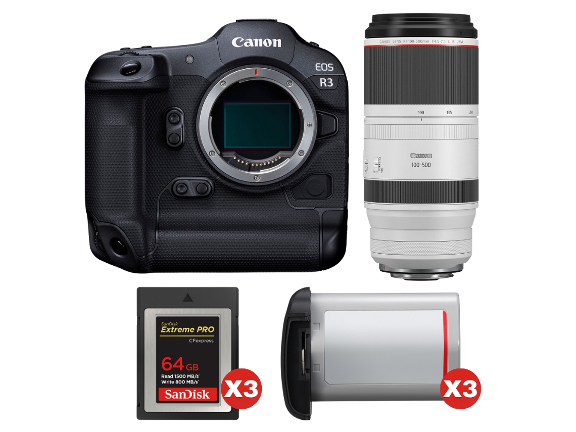 Eos R3 + Rf 100 500mm F/4.5 7.1 L Is Usm + 3 Sandisk 64gb Extreme Pro Cfexpress Type B + 3 Canon Lp e19 + Ebook Pricedirect CANON