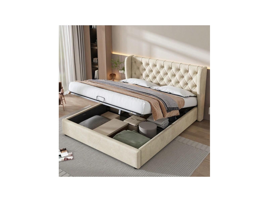 Cama Estofada 160x200cm Com Hidráulico, Veludo Bege Antimanchas, Cabeceira Com Botões, Estrutura Com Ripas Hvorstur