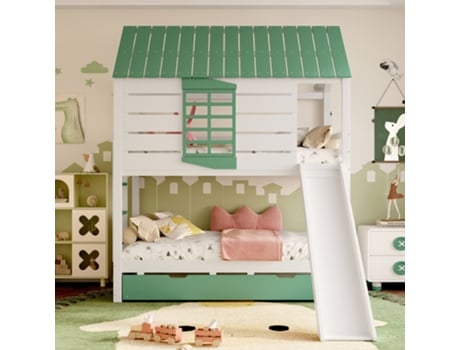 Cama Infantil Com Escorregador, 90 X 200 Cm, Branca Verde