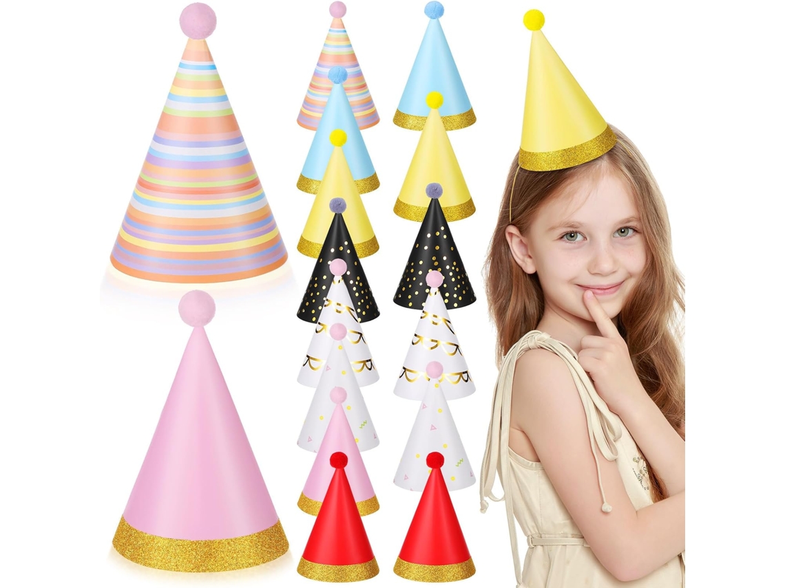 Conjunto De 16 Chapéus Cônicos De Aniversário Com Pompons.