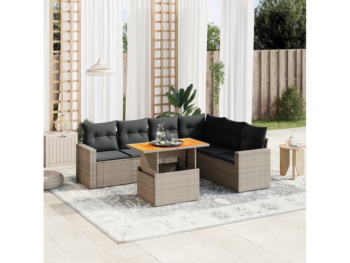 Vidaxl 7 Pcs Conjunto Sofás P/ Jardim C/ Almofadões Vime Pe Cinzento