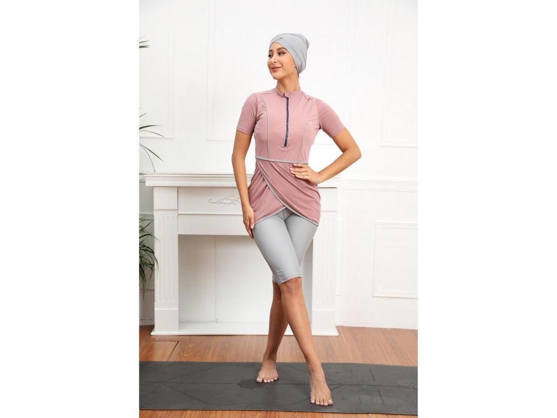 2026 traje de Baño Musulman Modesto Crop Corto 2023 para Mujer Burkini Con Cremallera Frontal Aeh M Rosa