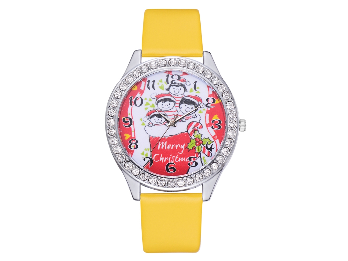 Relógio de quartzo casual com pulseira de PU, estampa natalina fofa e unissex, ideal para presente (amarelo)