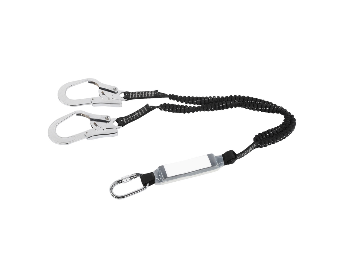 Cinto de segurança com cordão elástico e gancho de aço, para trabalhos em altura.
