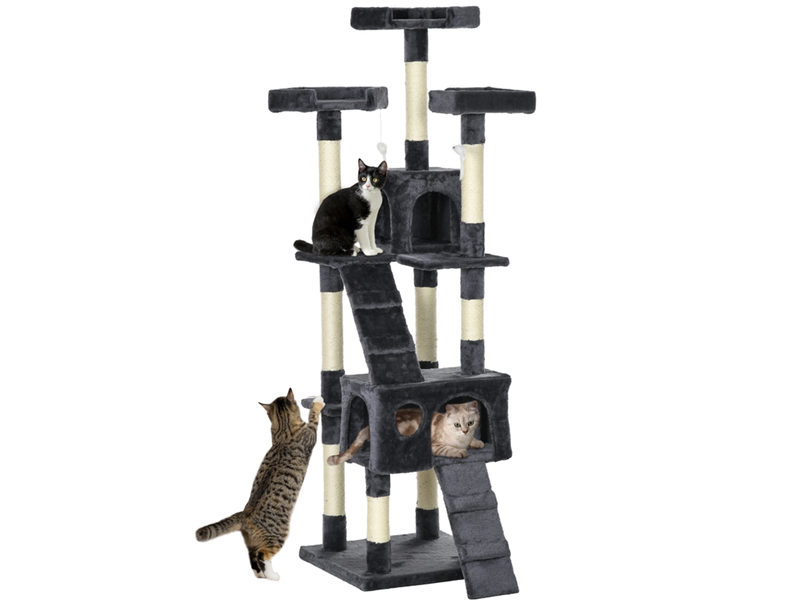 Árvore para Gatos, Torre para Gatos com Ninhos, Escadas, Brinquedos Pendurados e Postes de Sisal, 49x49x173 Cm, Cinza Escuro ESSÊNCIACASA