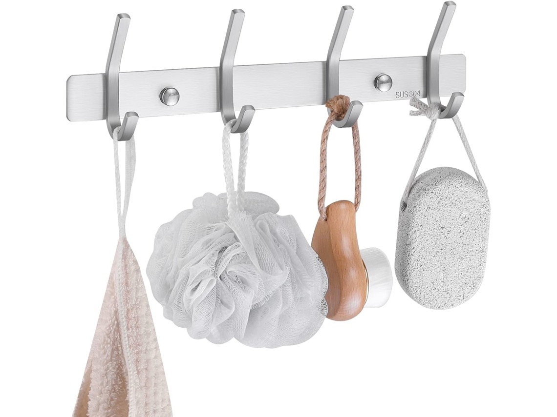 Cabideiro de Parede com 4 Ganchos para Roupas, Toalhas e Acessórios de Banheiro, em Aço Inoxidável Escovado Sus304, Modelo Ah203h4, 2 BRILVIBERA