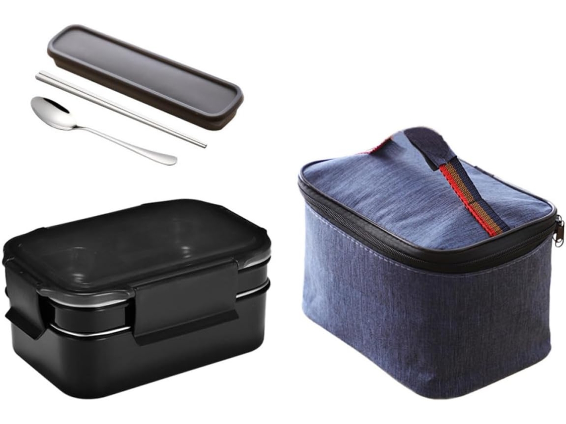 Marmita Dividida Em Aço Inoxidável 304com Bolsa E Talheres, Tipo Bento, Compacta E Leve, Própria Para Micro Ondas