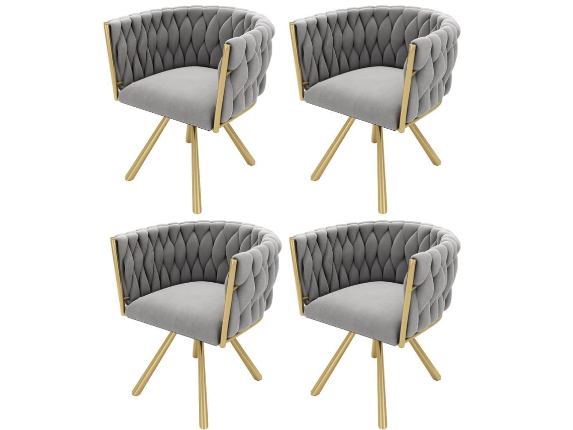 Conjunto De 4 Cadeiras Giratórias De Veludo Com Braços - Pernas De Metal Dourado - Cinzento