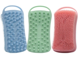 Conjunto de 3 escovas de banho Dupla Face de silicone para corpo, esfoliação e massagem.