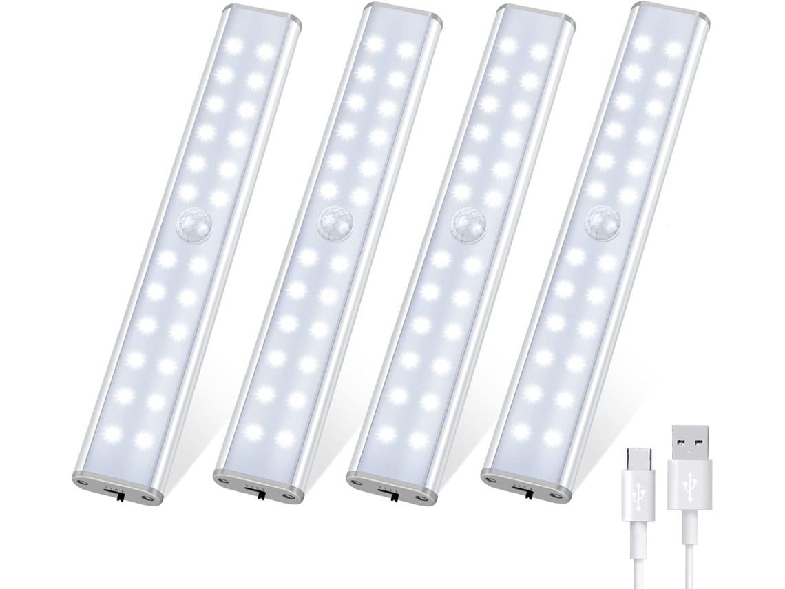 Conjunto de 4 Luminárias Led para Guarda, Roupa com 24 Leds Cada, Sensor de Movimento, 3 Modos de Iluminação e Função Recarga BRILVIBERA