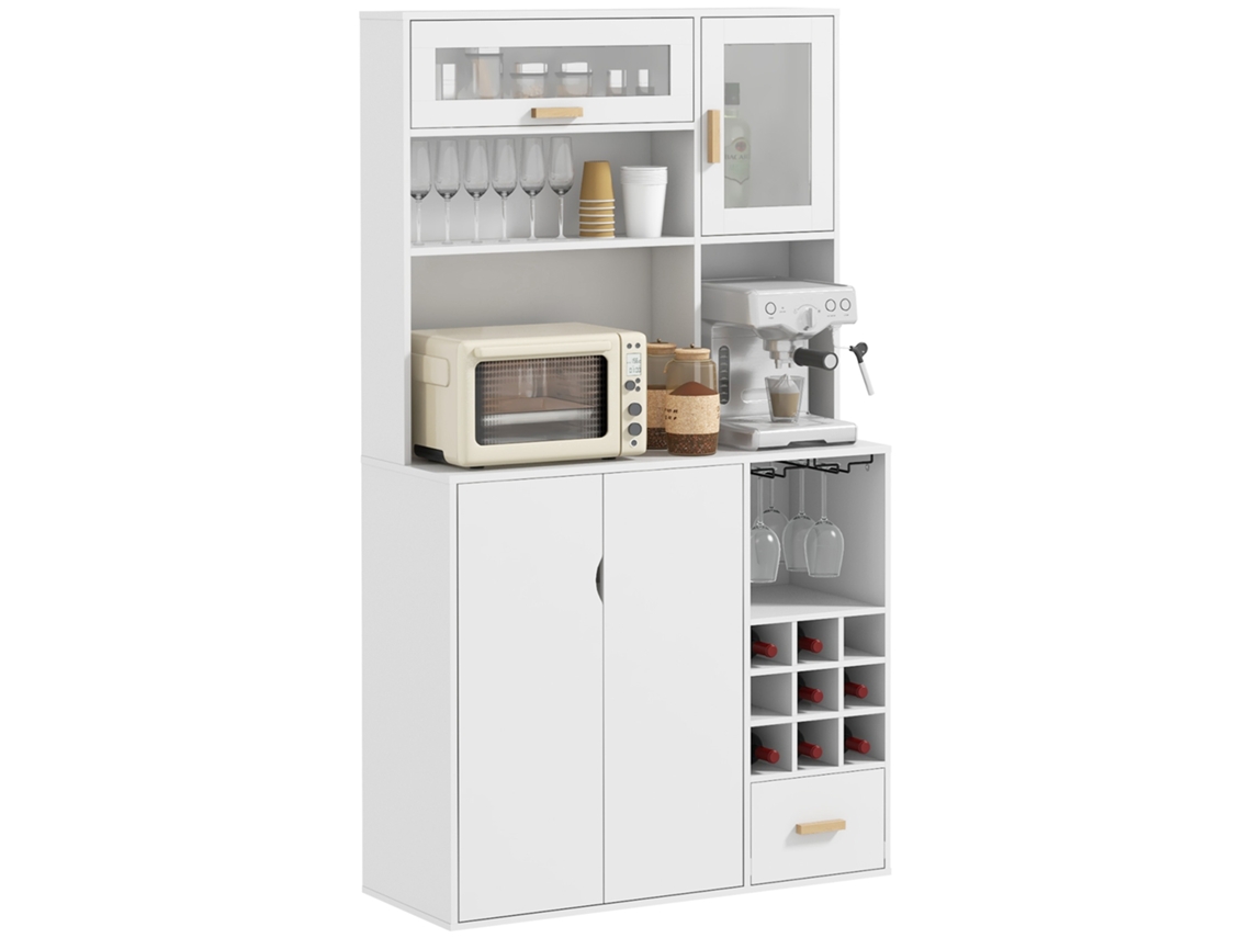 Armário Dispensa Móvel com Porta Garrafas, Prateleiras e Gaveta 100x38x172 Cm Branco BTFORUS
