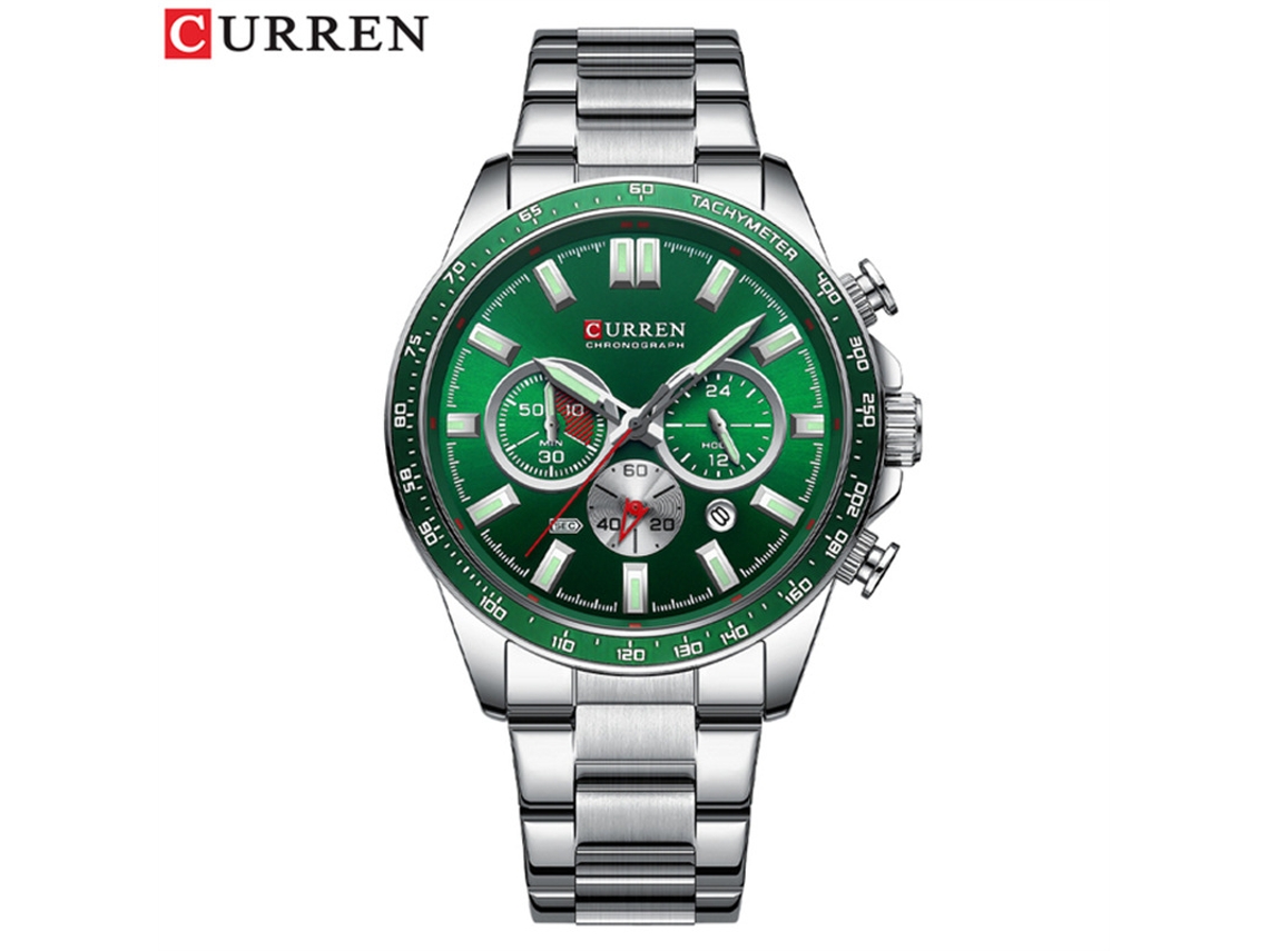 Relógio de Pulso Masculino com Pulseira de Aço, Calendário de Quartzo, Cronógrafo com Seis Pontas, Luz Noturna MDUG (prata e Verde)