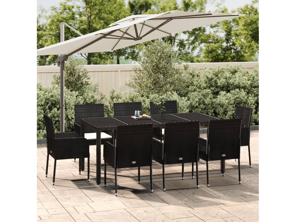 Vidaxl 9 Pcs Conjunto De Jantar P/ Jardim C/ Almofadões Vime Pe Preto
