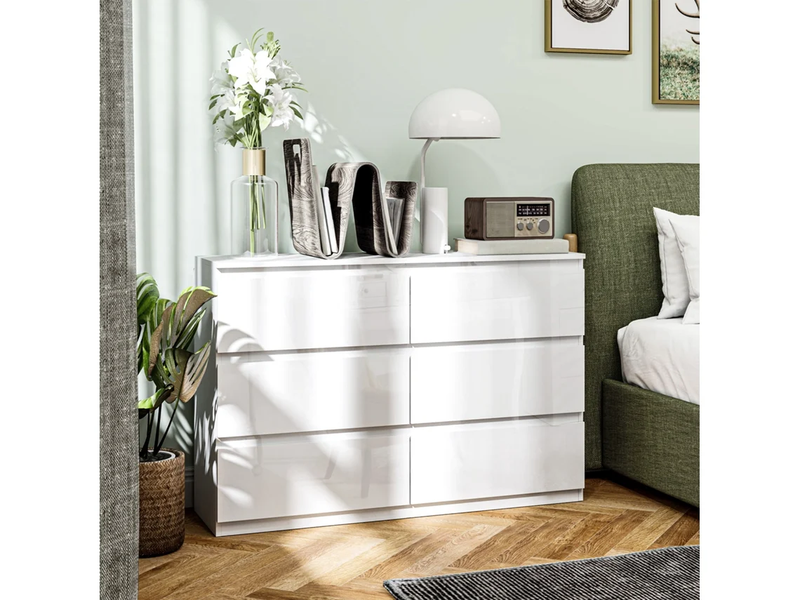 Cômoda Moderna Branca Brilhante 112x34x75 Cm Com 6 Gavetas, Ideal Para Sala De Estar E Escritório, Design Confortável E Funcional