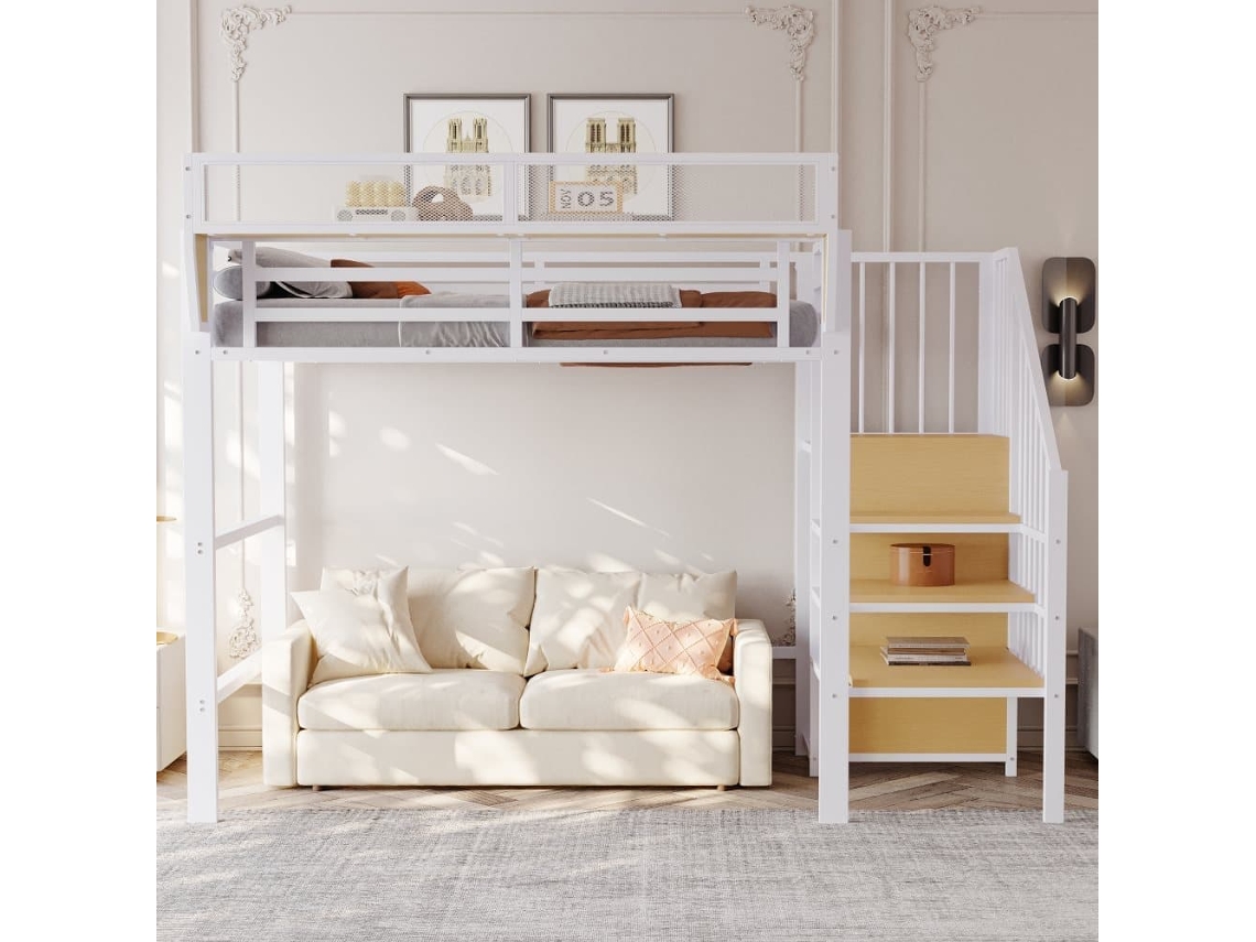 Cama Alta 90x200 - Com Escada De Segurança E Compartimento De Arrumação Flexível - Branco