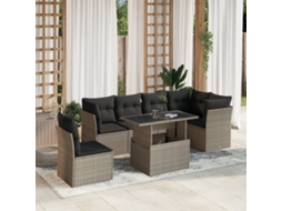 Vidaxl 7 Pcs Conj. Sofás Jardim Com Almofadões Vime Pe Cinzento-claro