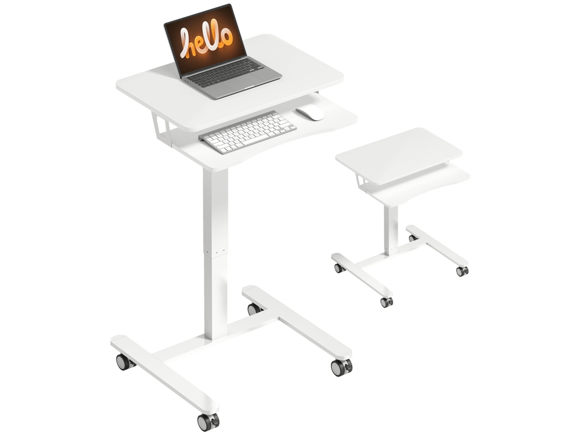 Mesa Ajustável em Altura, com Bandeja para Teclado, Rodízios, Estrutura de Aço Branca VISTA SHOP