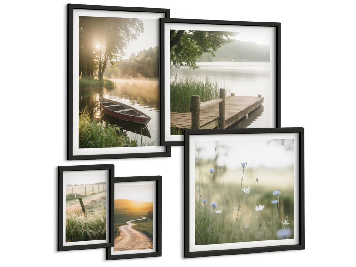 Galeria De Pinturas Murais Floresta De Bambu, Paisagem Do Monte Fuji Moldura Preta Fotos Para O Escritório Espelharte (conjunto De 5 Imagens)