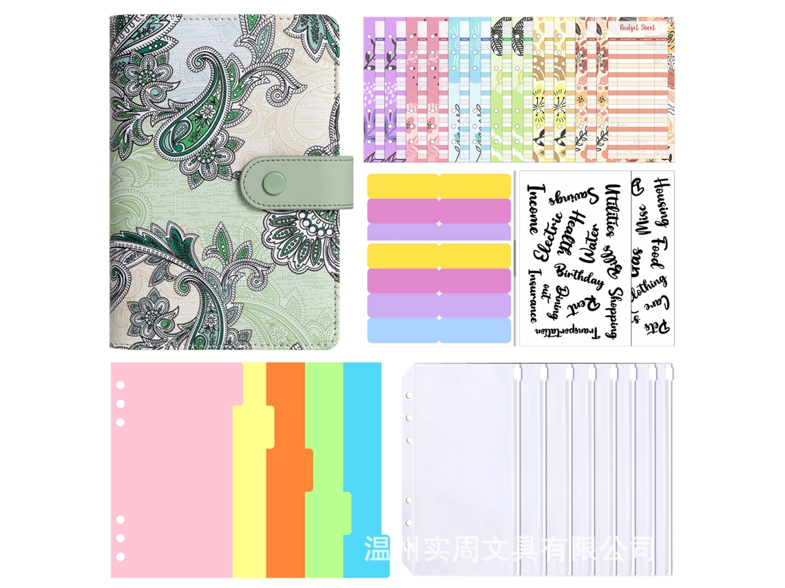 A6 Paisley Pattern Macaron Ring Binder Planner Green Cover With 8-zipper Pockets, 12new Cash Budget Cards, 2-english