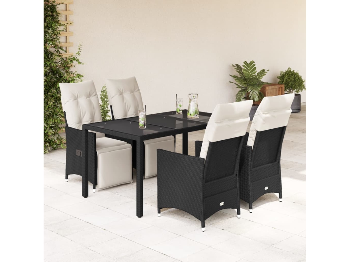 Conjunto 5 Peças Jantar P/ Jardim C/ Almofadões Vime Pe Preto Dkd Home Decor