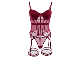 Conjunto de lingerie feminina sexy em tule, body estilo babydoll com cinta-liga, tamanho G, verde escuro, vinho.