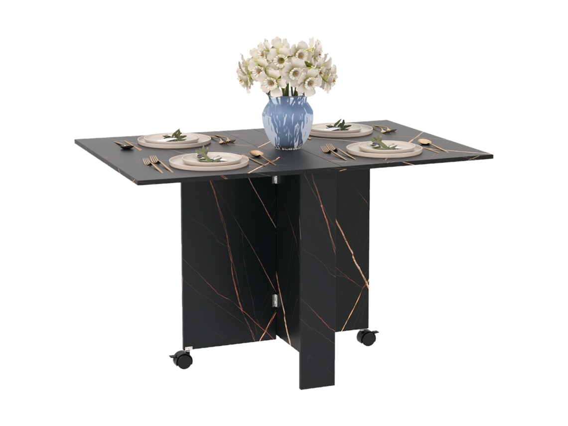Mesa Dobrável Cozinha 120x80x73cm Com 2 Abas E Rodas Freio, Mármore Preto