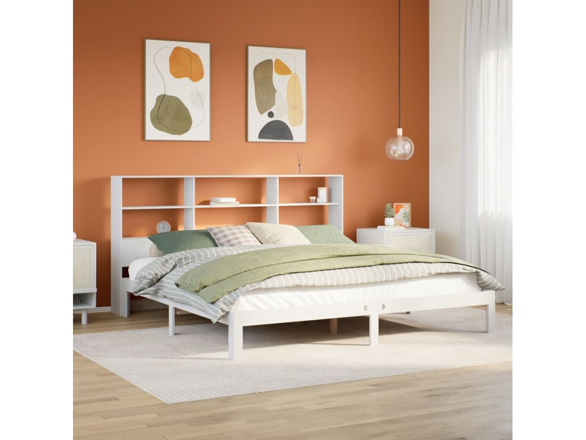 Vidaxl Cama Com Estante Sem Colchão 180x200 Cm Pinho Maciço Branco