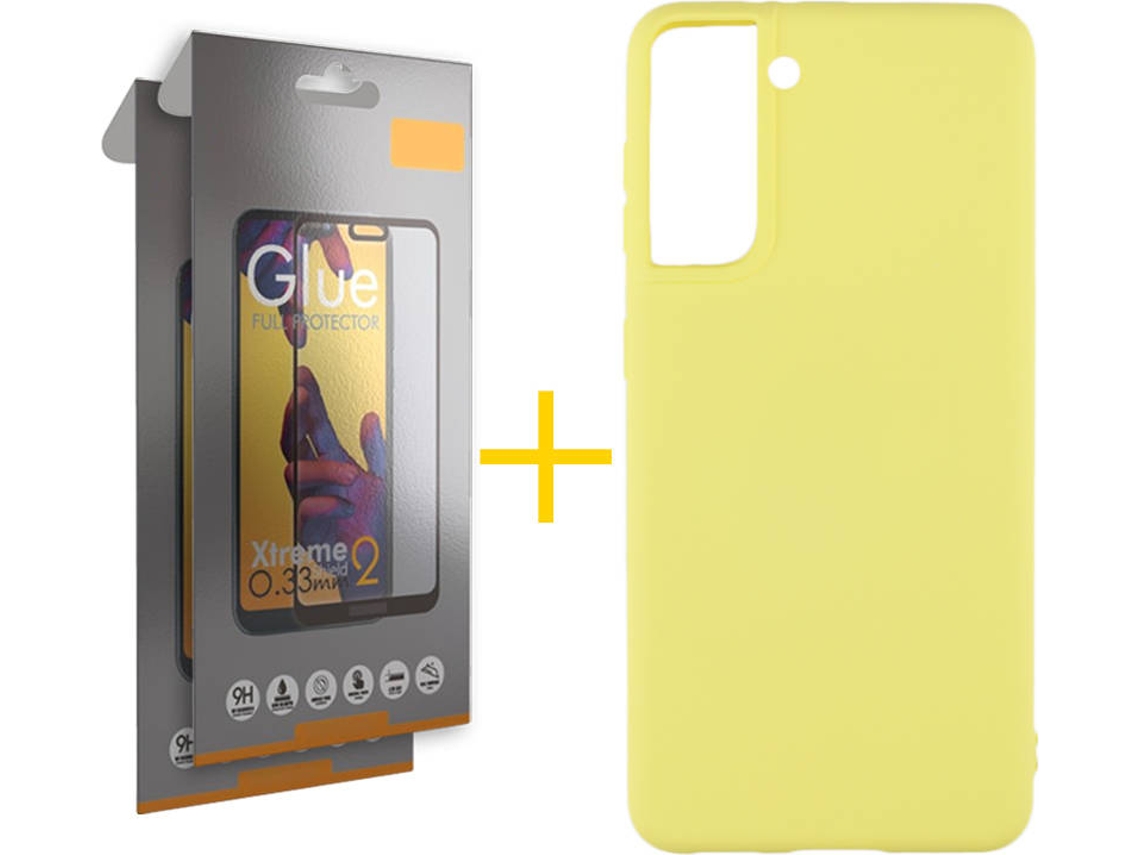 Capa e 2 Películas de Vidro Full Samsung S21 SKYHE Silicone Líquido Amarelo
