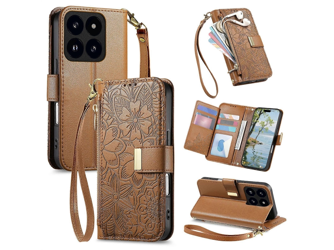 Capa Carteira De Couro Com Zíper, Estampa De Flores E Folhas, Com Alça, Para Xiaomi 14t Pro