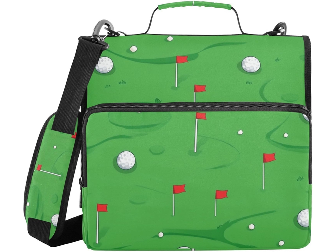 Pasta de 3 Argolas Verdes 1, 5 Polegadas Golf School, Completa, Alça de Ombro e Mão, Fácil de Transportar