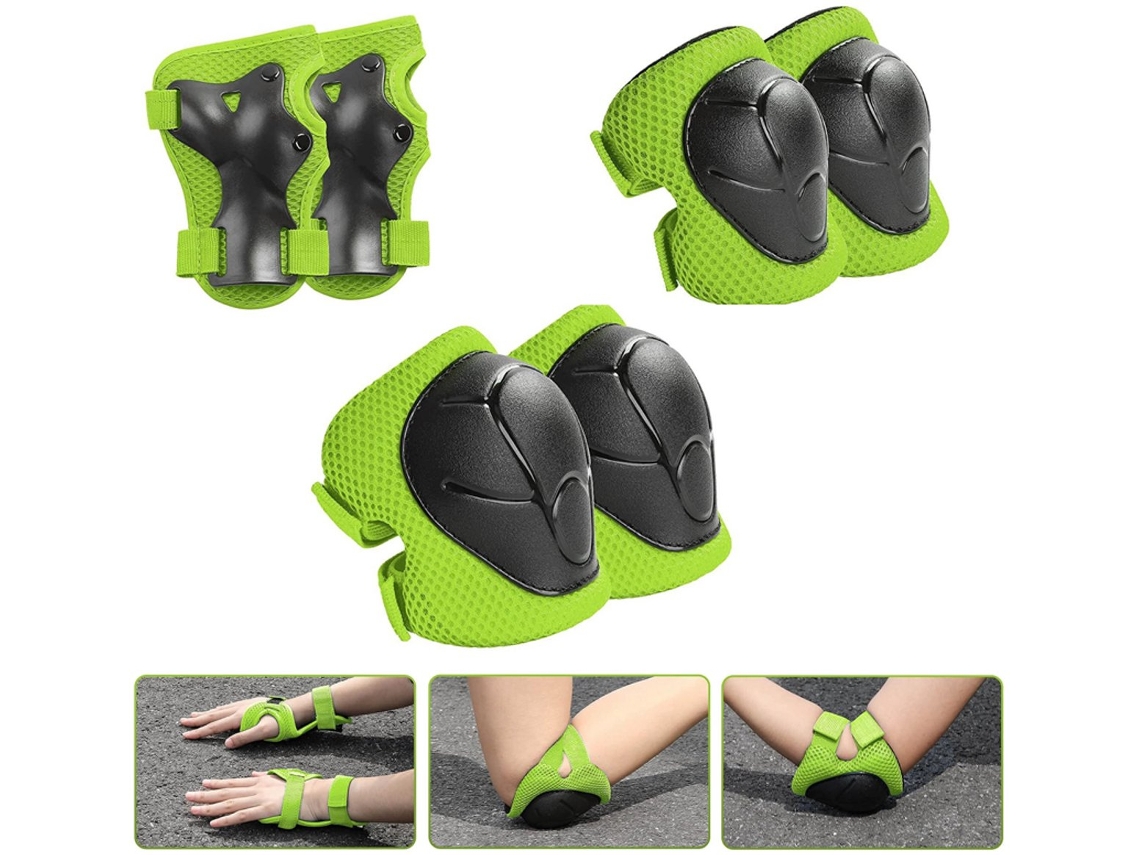 Equipamento de segurança infantil, Joelheiras e cotoveleiras 3 em 1, protetores de pulso para crianças de 3 a 8 anos, verde AQUAFORGE