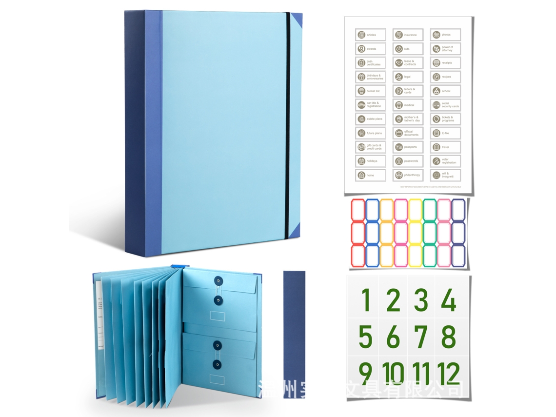 Incase I Go Missing Binder Manila Pocket Folder Accordion File Organizer, 5cm Thick, A4 Blue, With Large Label Stickers