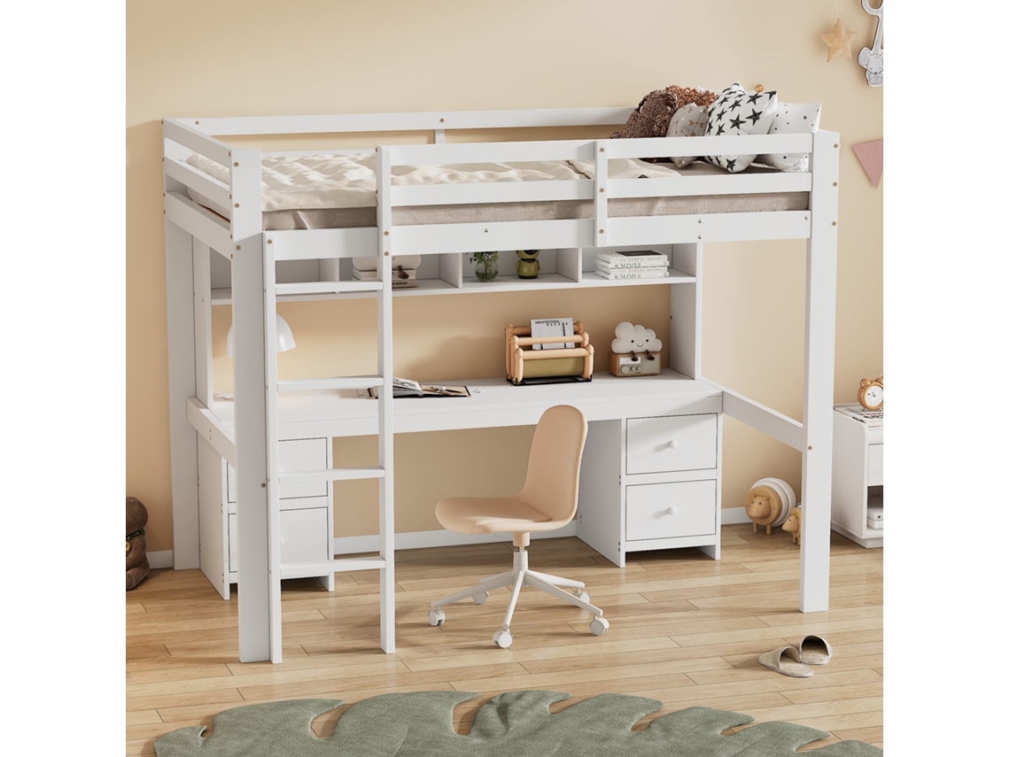 Cama Alta Em Pinho Branco 90x200 Cm