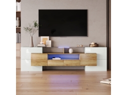Móvel de TV KOMHTOM brilhante em concreto, 200x30x60 cm, LED multicolor, 6 portas, 2 gavetas, 3 nichos, efeito vidro, branco natural