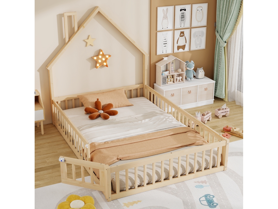 Cama Infantil 140x200cm, Formato Chaminé, Base Ripas, Madeira Pinho, Minimalista, Natural, Sem Colchão-op
