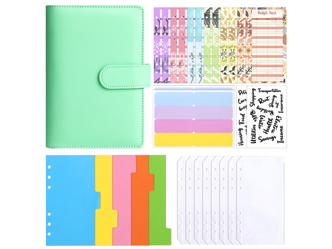 A6 Pu Leather Zipper Binder Cash Budget Planner Notebook Green Cover, With Cash Budget Cards 12-sheets, 8zip Pouches