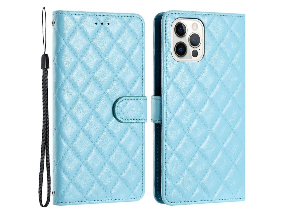 Funda de couro para iPhone 12 Pro Max com textura de rombo, suporte e fecho magnético, azul céu