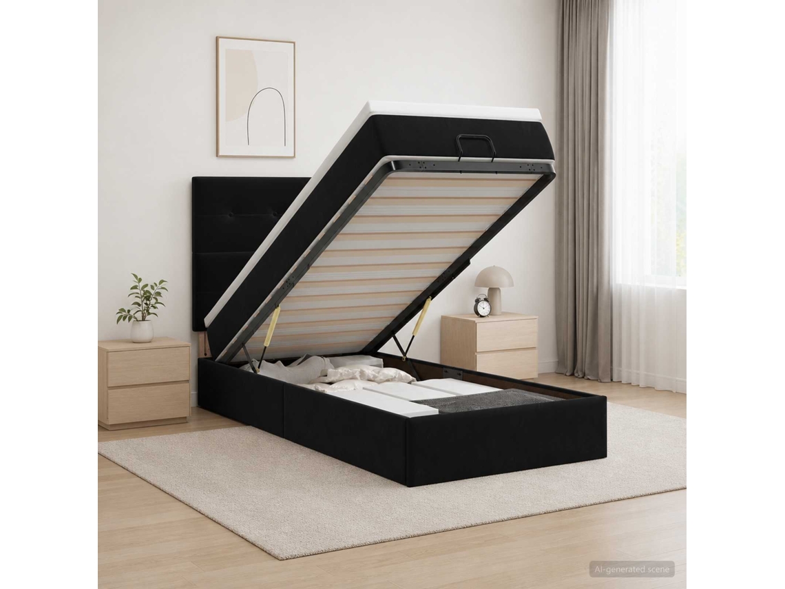 Vidaxl Cama Ottoman Com Colchão Com Cabeceira Preto 90 X 190 Cm Veludo