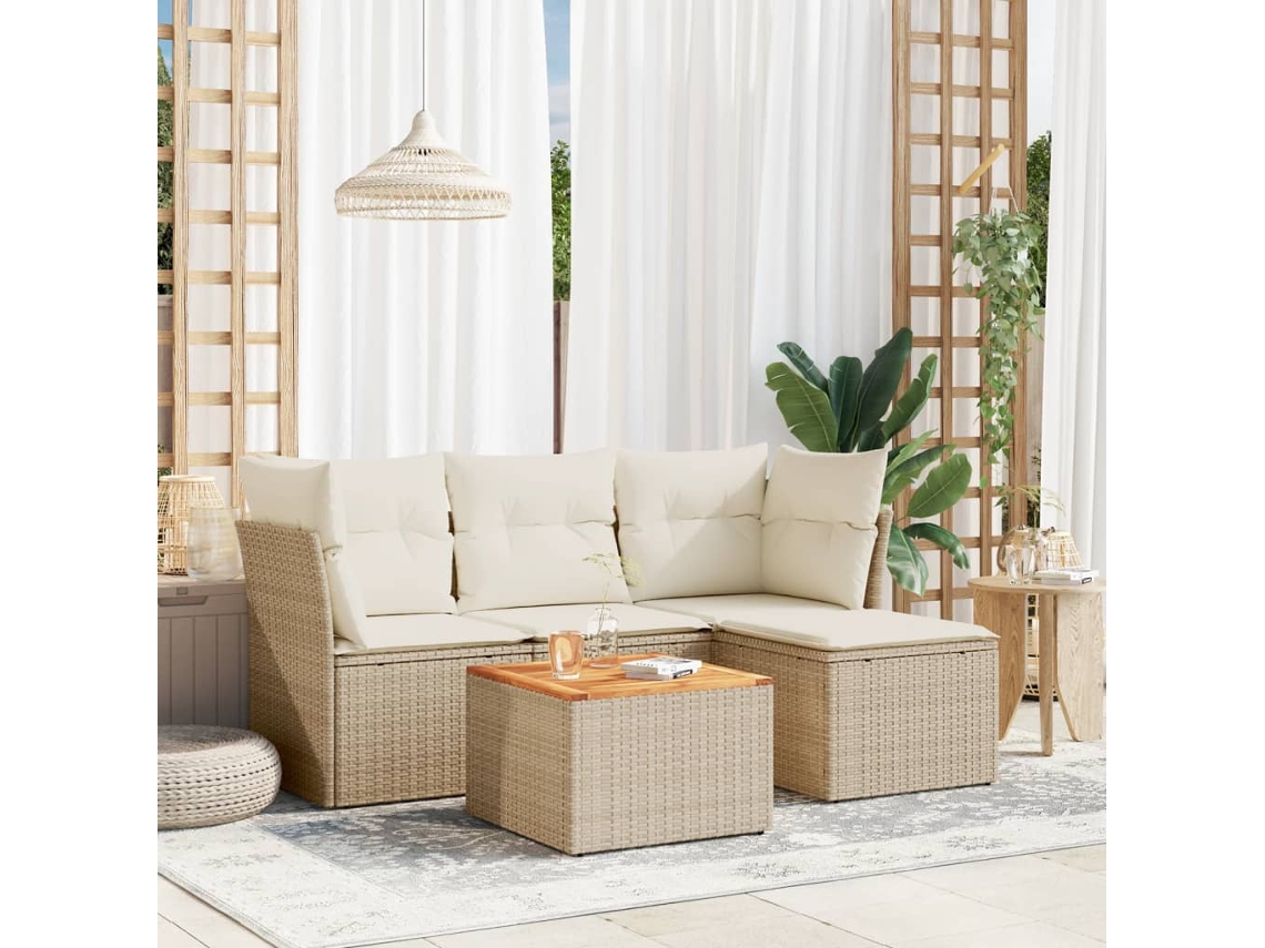 Vidaxl 5 Pcs Conjunto De Sofás P/ Jardim Com Almofadões Vime Pe Bege