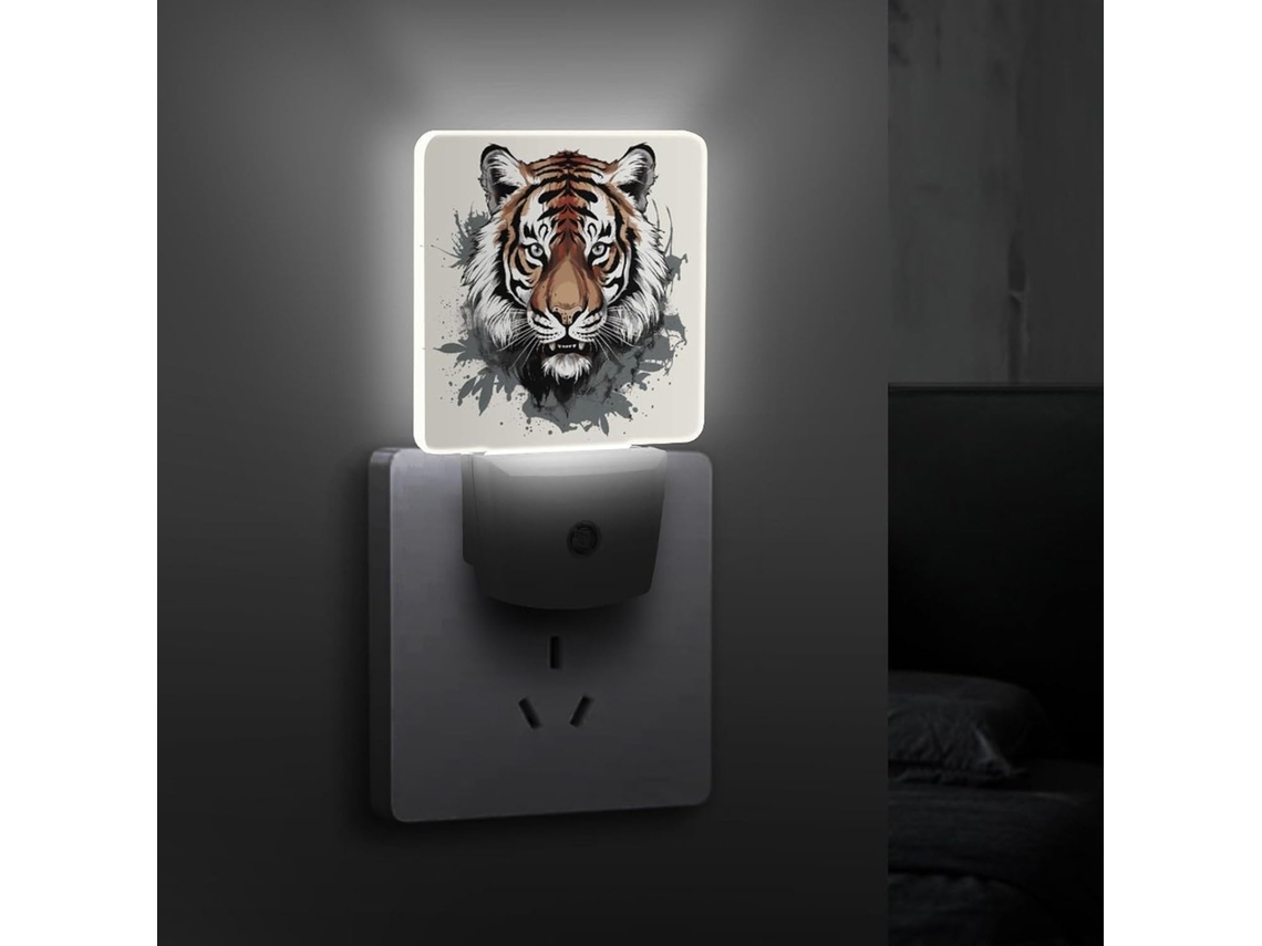 Luminária noturna LED verde e branca com design de tigre, sensor crepuscular, luminária decorativa de baixo consumo.
