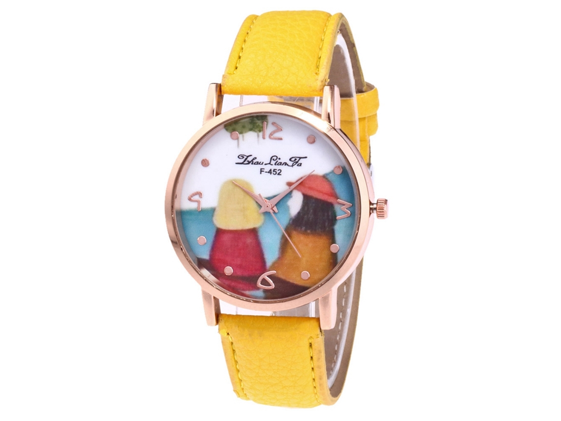 Relógio Zhoulianfa Amarelo Casal Quartzo com Pulseira de Couro PU e Estampa de Desenho Animado