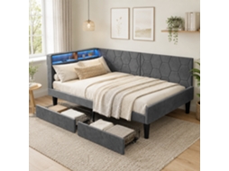 Sofá‑cama 90x200 Com 2 Gavetas, Cama Individual Com Led E Usb, Sofá‑cama Com Cabeceira Em Forma De L, Para Adolescentes E Adultos, Veludo Cinza