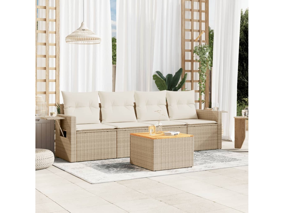 Vidaxl 5 Pcs Conjunto De Sofás P/ Jardim Com Almofadões Vime Pe Bege