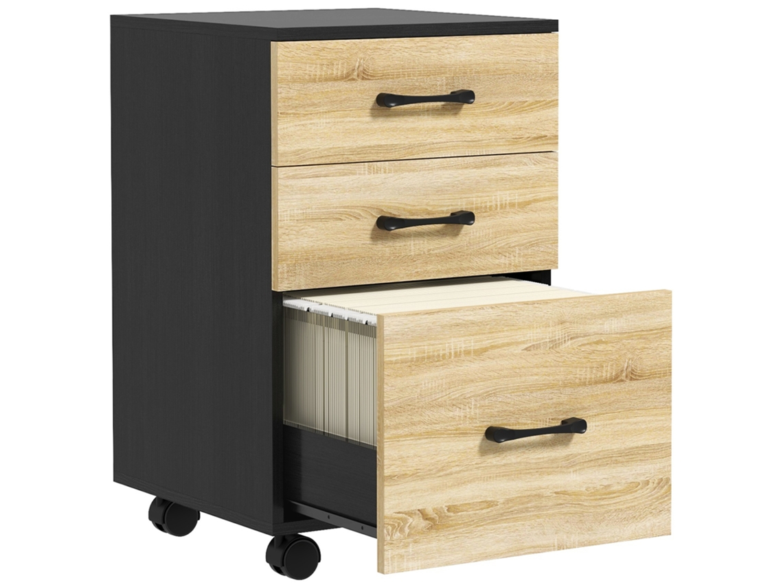 Cajonera de Escritório com Rodas BTFORUS 3 gavetas com barra para arquivos 40x42x65cm preto e carvalho
