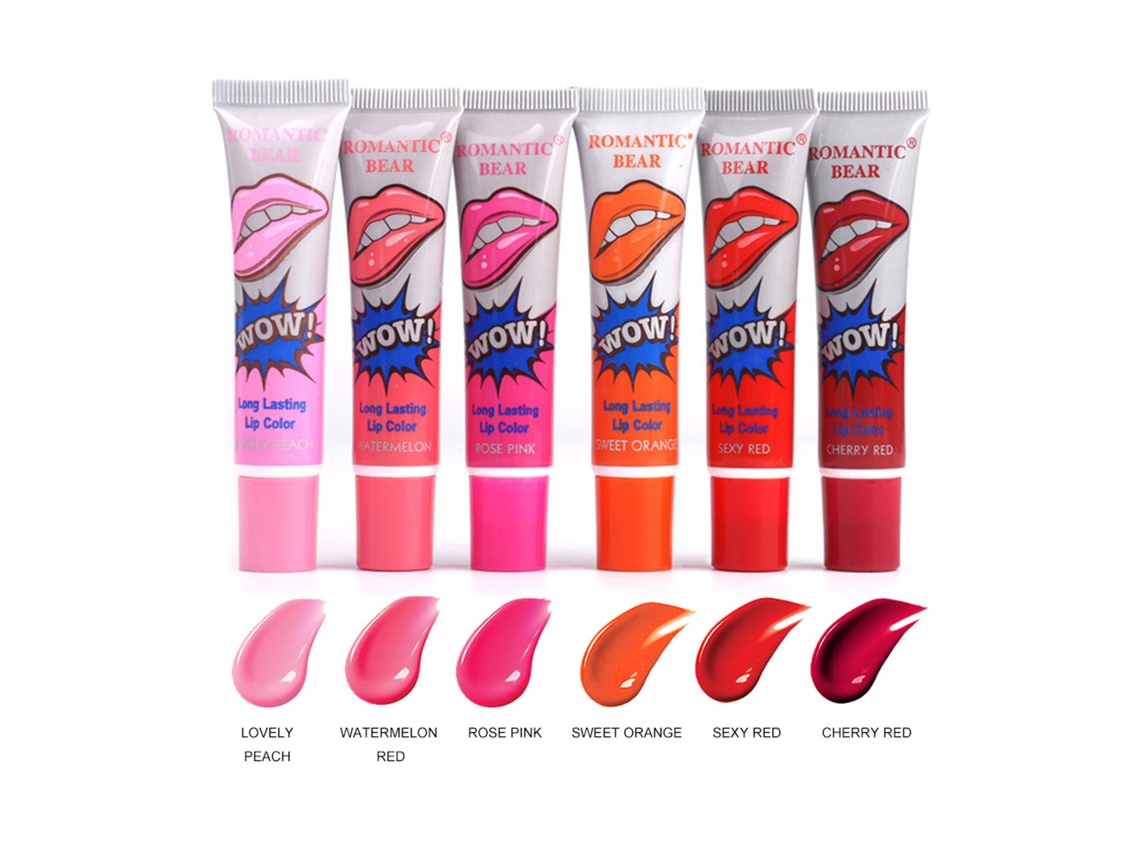 Conjunto de 6 glosses labiais com ursinho romântico, 15g, removíveis, de longa duração, não grudam nos óculos.