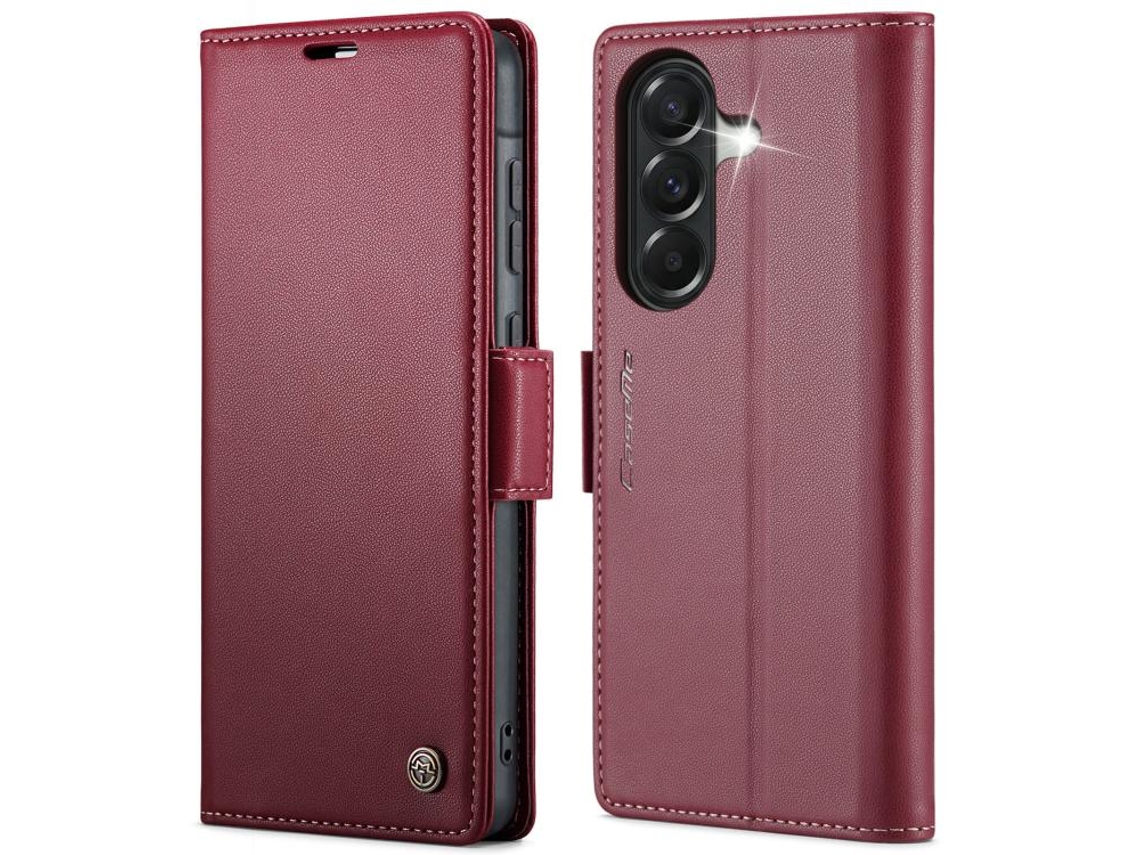 Capa Para Samsung Galaxy A57 5g De Couro Com Textura De Lichia E Fecho Borboleta Com Proteção E Sistema Rfid Antirroubo Vermelha